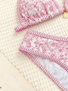 SHEIN Teen Girls Vintage Floral Print Spaghetti Strap Bikini Set Apricot Knitted Texture Shell Decoration Halter Neck Stitch Halter Triangle Bikini Set Summer Beach Outfit Bathing Suit