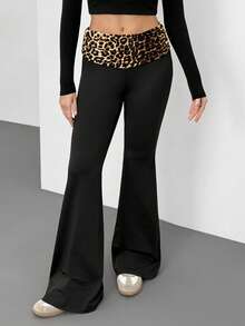 SHEIN Tall 女士时尚休闲豹纹喇叭裤 - 黑色 - 查看 3