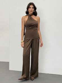 SHEIN Tall 露背系带+收腰上衣，女士低腰休闲复古缎面百搭棕色美拉德色长款上衣 - 棕色 - 查看 10