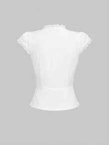 ROMWE Academia Versatile Commuter Solid Color Regular-Shoulder Button-Up Tie Bow Eyelet Fitted Women Shirt