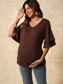 SHEIN Women's Brown Maternity Summer Casual T-Shirt,Bohemian V-Neck Short-Sleeved Ruffled Loose Tops,Babyshower Coffee Brown Shirt Wear - Coffee Brown - View 3
