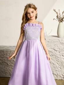 Elegant Organza & Contrast Lace Spaghetti Strap Ruffle Hem Midi Dress For Tween Girl, Suitable For Flower Girl, Wedding, Prom, Birthday Party, Banquet Light Purple Dress Formal Lilac Flower Girl Dress Tween Bridesmaid Dress - Purple - View 5