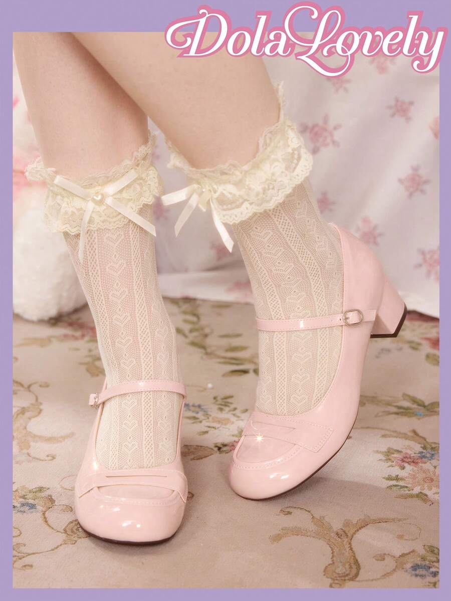 Dola Lovely 女士圆头高跟鞋，亮粉色，甜美可爱玛丽珍搭扣洛丽塔风格，适合生日派对穿着 - 粉色 - 查看 1