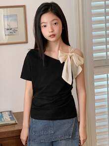 DAZY 少女针织蝴蝶装饰不对称肩短袖T恤，秋季款 - 黑色 - 查看 4