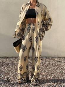 DAZY 2pcs Women Casual Vacation All-Over Print Button Front Long Sleeve Shirt And Pants Set, Autumn Lounge Sets For Women - Khaki - View 1