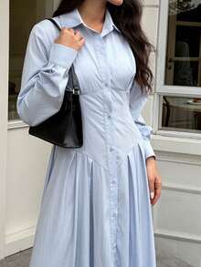 Solavon 女士休闲灯笼袖收腰长款衬衫裙，适合春秋季日常通勤 - 淺藍色 - 查看 4