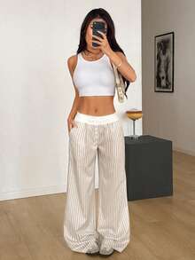 Flirla Pantalones de mujer con diseño de patchwork a rayas y contraste de colores - Albaricoque - Ver 5