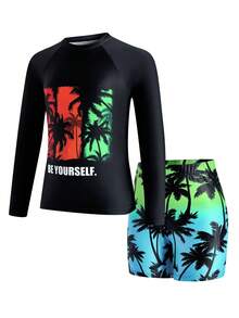 SHEIN 男童椰子树夜光图案两件套泳衣，适合春夏季节海滩度假