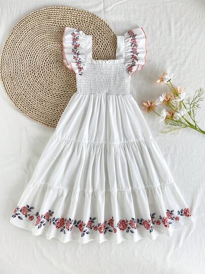 Vintaside Kids Tween Girls' Summer White Floral Print Ruffle Sleeve Camisole Dress, Suitable For Outings, Beach Vacations, Casual Daily Wear, Parties, Valentine's Day