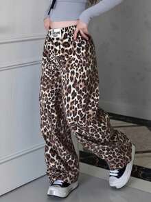 SHEIN Fashionable High Waist Leopard Print Casual Pants For Women, European And American Style, Versatile, Spring/Summer - Multicolor - View 8
