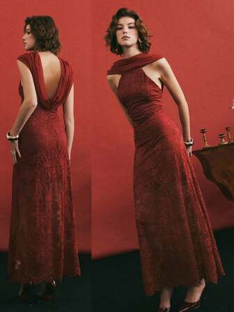 Poéselle 女士花卉蕾丝露背连衣裙，优雅修身