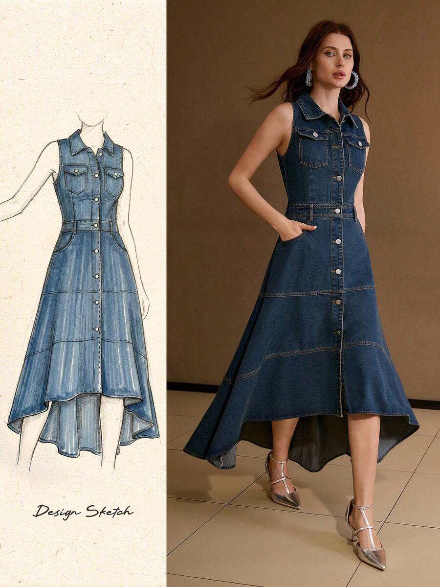 MOTF PREMIUM DENIM FLAP POCKET TIERED HIGH-LOW HEM SLEEVELESS DRESS