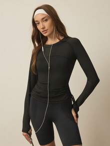 With My Calm Women's Casual Solid Color Raglan Sleeve Pleated Drawstring Twist Fitted Sports T-Shirt Long Sleeve Sports Top Long Sleeve Active Wear Black Active Wear - Black - View 1