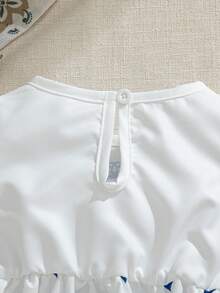 SHEIN Souflis 女婴幼儿0-3岁优雅异域风情度假泡泡袖蓝白连衣裙，春夏款 - 藍色 - 查看 5