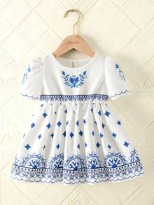 SHEIN Souflis 女婴幼儿0-3岁优雅异域风情度假泡泡袖蓝白连衣裙，春夏款 - 藍色 - 查看 7