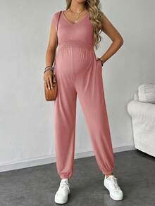 SHEIN Maternity Solid Color V-Neck Casual Sleeveless Jumpsuit, Summer