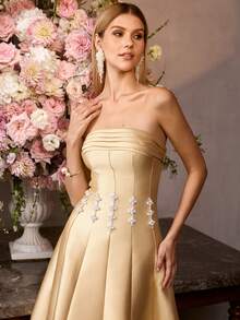 MOTF PREMIUM FORM-FITTING STRAPLESS MAXI PARTY GOWN, STIFF LUSTROUS FABRIC, CHEST RUCHING & WAIST FAUX PEARL EMBELLISHMENT BACK LACE-UP DESIGN DRESS, IDEAL FOR WEDDINGS, GALAS & FORMAL EVENINGS, STYLE WITH STRAPPY HEELS & DAINTY JEWELRY - Yellow - View 7