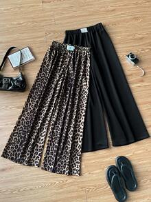 SHEIN EZwear 女士夏季休闲两件套针织运动裤套装，豹纹贴花和纯色松紧腰带 - 彩色 - 查看 6