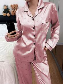 Dream Adore Faux Silk Heart Print Long Sleeve & Pants Pajama Set - Pink - View 6