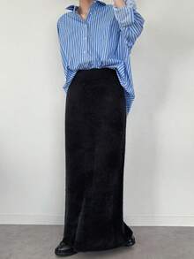 FRIFUL Women's Elastic Waist Straight Shiny Yarn Sweater Skirt - Black - View 5