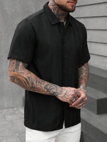 SLATEMANN 男士黑色条纹休闲短袖衬衫 男士黑色短袖衬衫 男士黑色短袖衬衫 男士纹理衬衫 男士黑色衬衫 - 黑色 - 查看 3