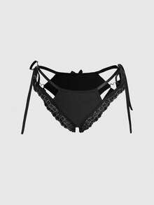 ROMWE Kawaii Quần lót dây mảnh ren in hình trái tim gợi cảm dành cho nữ - màu đen - Xem 2