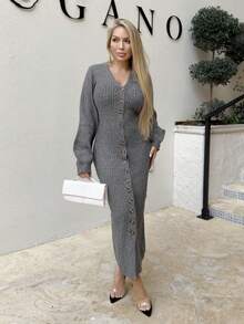 Cioccolato 女式休闲纽扣V领加长毛衣裙 - 灰色 - 查看 2