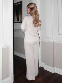 Turnttoni 休闲亚麻长袖上衣和长裤条纹睡衣套装，舒适的假日季节舒适优雅的细节，秋季服装 - 米色 - 查看 2