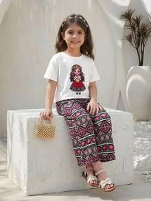 Tween Girl Elegant Middle Eastern Traditional Cute Graphic Retro Print Casual Fashion T-Shirt + Retro Print Wide Leg Pants Suit, Suitable For Holidays, Parties, Gifts, Daily Wear, Spring/Summer/Autumn - Multicolor - View 3