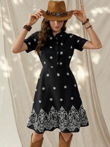 Wildy BOHO Casual American Western Country Vintage Retro Floral Pattern Midi Dress, Everyday Basic For Spring/Summer, Suitable For Outdoor, Commuting - Multicolor - View 4