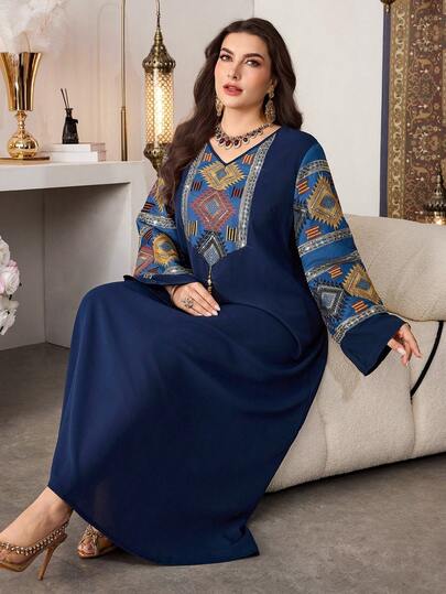 Al Najma Casual Beaded Patchwork Solid V-Neck Long Sleeve Loose Regular Spring/Autumn Plus Size Women Arabic Maxi Dress