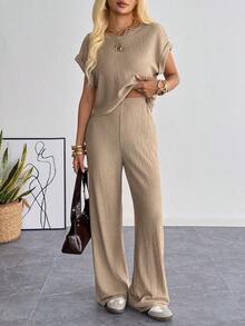 SHEIN EZwear 女士卡其色针织休闲上衣和裤子家居服套装 - 卡其色 - 查看 3