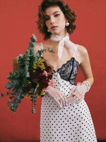 Poéselle 波点印花蕾丝拼接优雅吊带裙 - 黑與白 - 查看 6