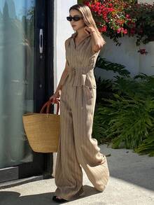 Livesso Bộ 2 món áo công sở cổ bẻ kẻ sọc dành cho nữ và quần dài thường ngày. - Màu Khaki - Xem 5