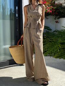 Livesso Bộ 2 món áo công sở cổ bẻ kẻ sọc dành cho nữ và quần dài thường ngày. - Màu Khaki - Xem 6