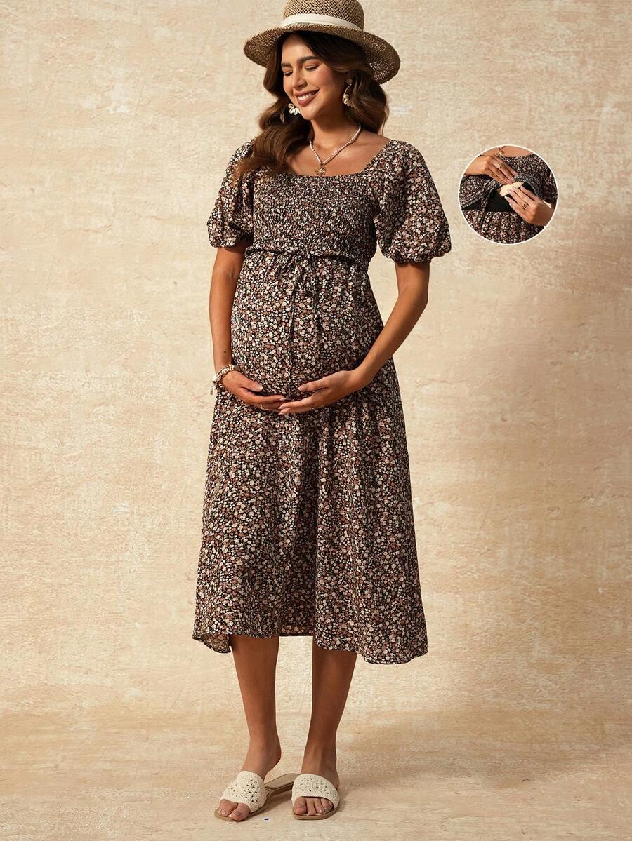 Boho Mama Maternity Clothes Maternity Dress Bohemian Vacation Summer Black Floral Square Neck Puff Sleeve Drawstring Waist Nursing Dress - Multicolor - View 1