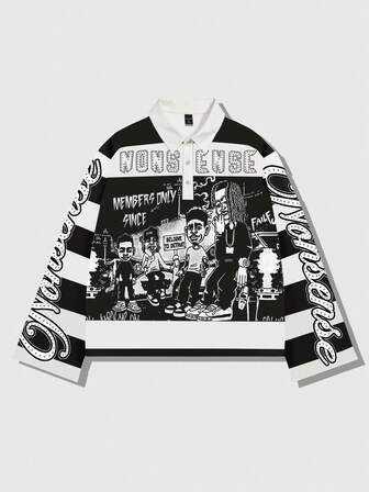 Street Life Camiseta de manga larga con cuello a rayas y estampado, estilo universitario casual para hombres