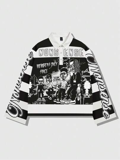 Street Life Camiseta de manga larga con cuello a rayas y estampado, estilo universitario casual para hombres