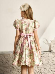 儿童花朵泡泡袖公主裙，优雅派对礼服，适合生日派对、选美比赛等场合 - 粉色 - 查看 2