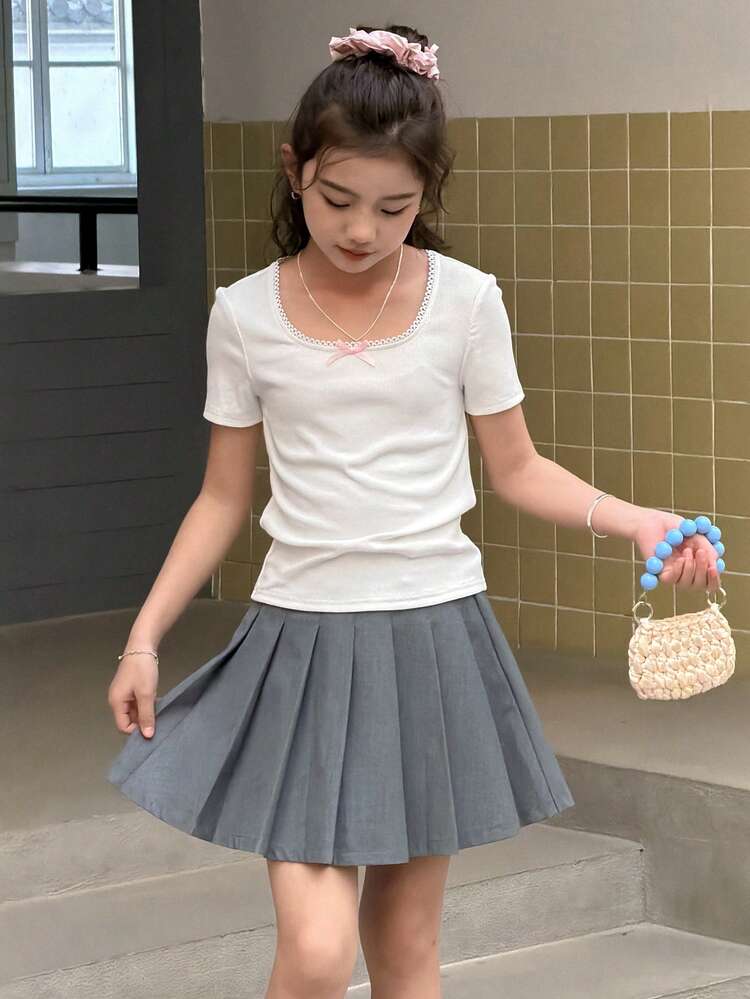 Tween Girls' Square Collar Bow Decor Short Sleeve Fitted T-Shirt Summer