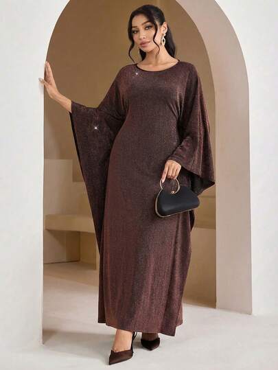Veilorie Elegant & Modest Women's Round Neck Batwing Sleeve Sequin Arabic Style Dress Batwing Sleeve Dress Abayas Dubai Luxury Butterfly Abaya Dubai Dress Modest