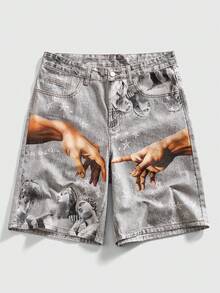 ROMWE MEN Street Life Men's Gesture Print Pocket Loose Casual Denim Shorts - Light Grey - View 1