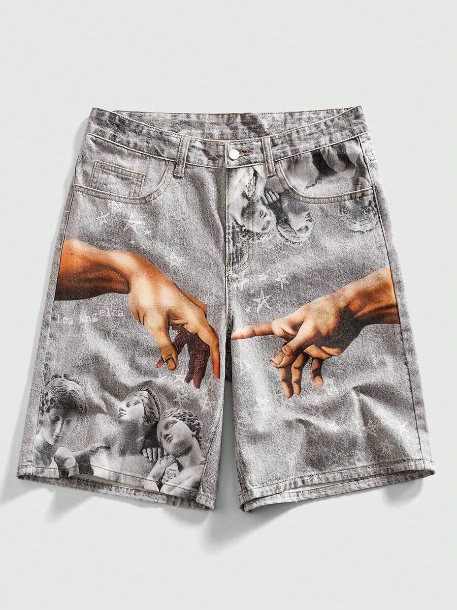 ROMWE MEN Street Life Men's Gesture Print Pocket Loose Casual Denim Shorts - Light Grey - View 1