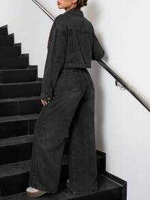 SHEIN Set de 2 piezas: Chaqueta corta de mezclilla azul con cuello y pantalones de corte holgado para adolescentes - Negro - Ver 2