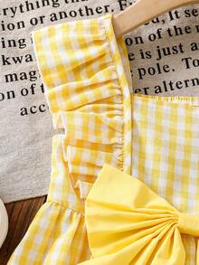 SHEIN Vestido casual para niña con cuello cuadrado de cuadros tejidos y volantes en el bajo - Amarillo - Ver 6