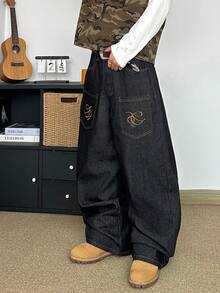STEELVANCE Quần jeans nam phong cách đường phố cổ điển, đơn giản, thêu hình cánh chim, thiết kế độc đáo, ống đứng, ống rộng, dáng suông, thích hợp cho mùa xuân hè. - màu đen - Xem 4