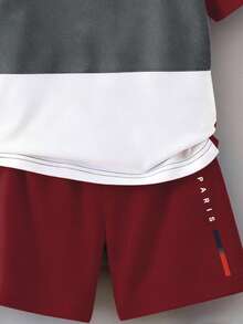 Fantacosmos 2件套幼儿男童巴黎字母图案印花拼接圆领短袖T恤和短裤套装，夏季休闲装，适合幼儿男童日常穿着和玩耍 - 彩色 - 查看 3