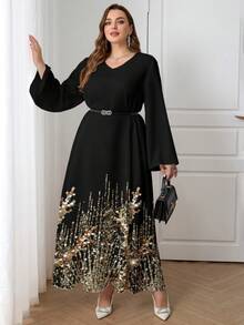 Al Najma Plus Size Casual Minimalist V-Neck Arabic Style Dress Plus Long Dress Dress Modest - Multicolor - View 4