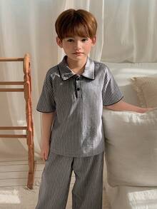 Hapijoa Young Boy Striped Print Drop Shoulder Loose Polo Collar Top And Pants Pajama Set Spring Summer - Grey - View 7