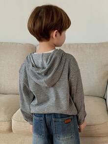 DAZY Young Boy Striped Print Hooded Casual Long Sleeve Jacket Spring - Grey - View 5